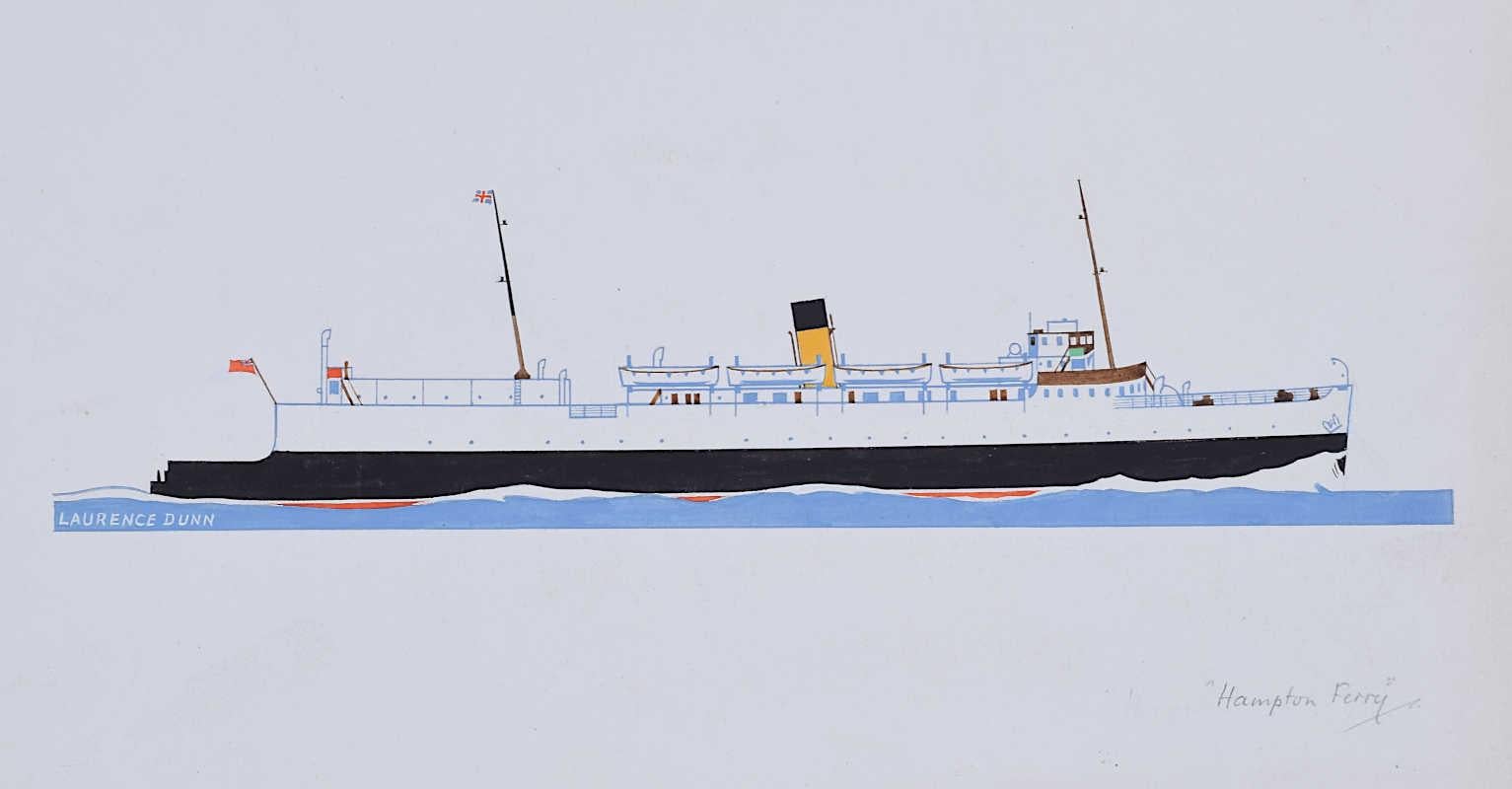 We acquired a series of marine works from Laurence Dunn's Archives. To find more scroll down to "More from this Seller" and below it click on "See all from this seller." 

Laurence Dunn (1910-2006)
Hampton Ferry
Bodycolour and ink
16 x 26 cm 
Signed