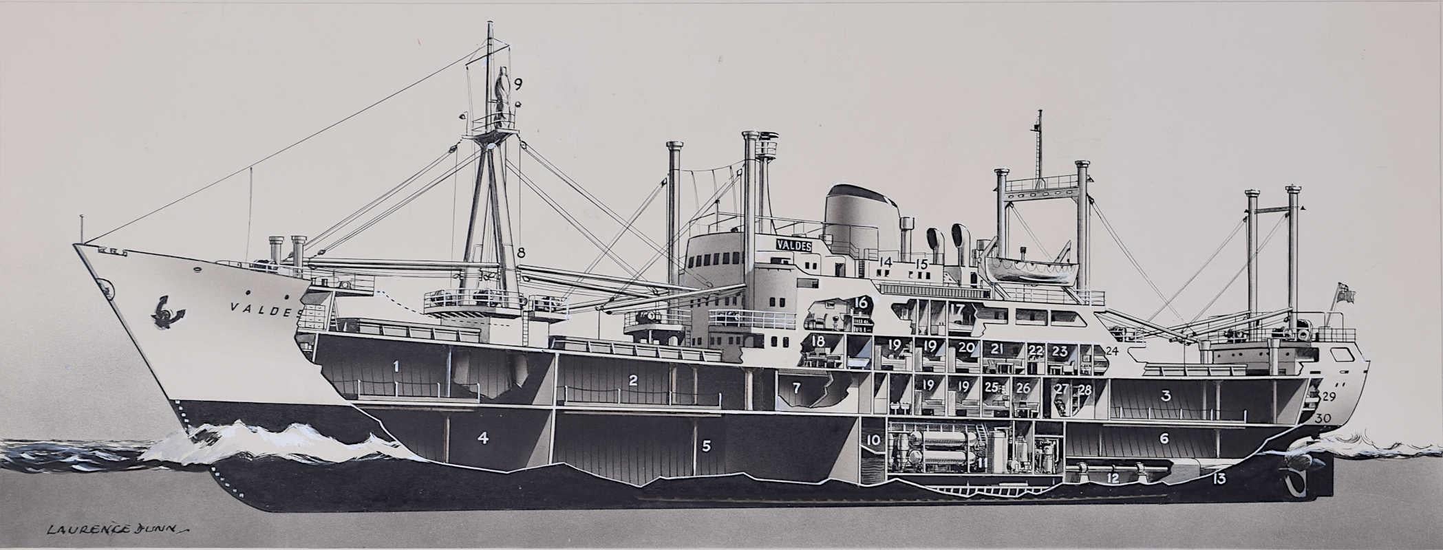 We acquired a series of marine works from Laurence Dunn's Archives. To find more scroll down to "More from this Seller" and below it click on "See all from this seller." 

Laurence Dunn (1910-2006)
VALDES (General Cargo Ship)
Bodycolour and ink
19.5