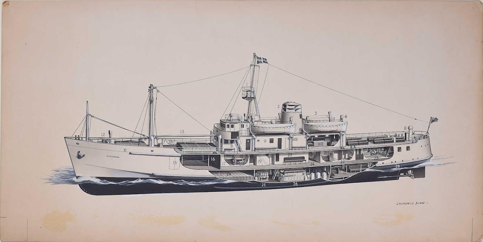 We acquired a series of marine works from Laurence Dunn's Archives. To find more scroll down to "More from this Seller" and below it click on "See all from this seller." 

Laurence Dunn (1910-2006)
SCILLONIAN, Isles of Scilly Ferry
Bodycolour and