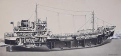 Vintage Welder Merchant Ship, Ink Drawing by Laurence Dunn