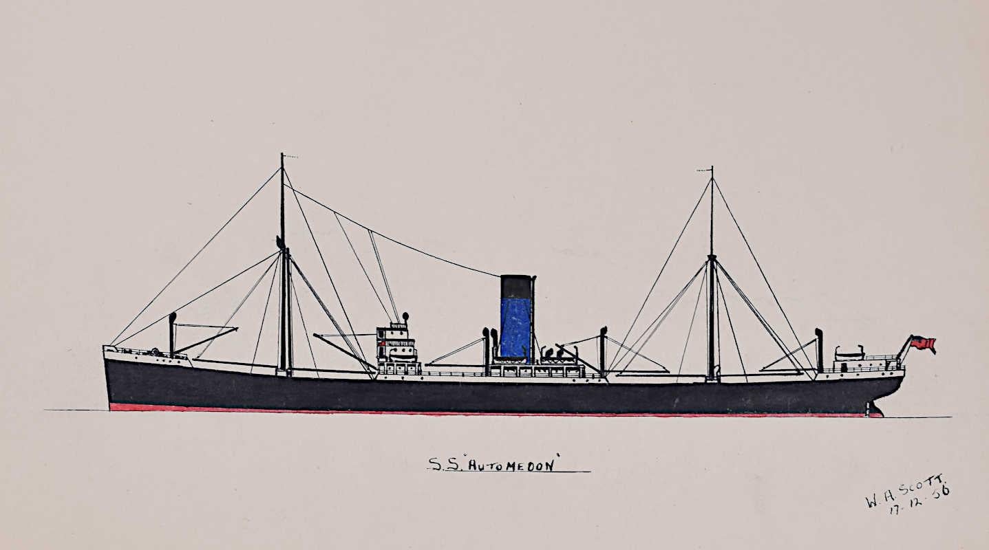 W. A. Scott
S.S. Automedon (1956)
Bodycolour 
26 x 33.5 cm 
Signed l.r. 

SS Automedon was a Blue Funnel Line refrigerated cargo steamship. She was launched in 1921 on the River Tyne as one of a class of 11 ships to replace many of Blue Funnel's