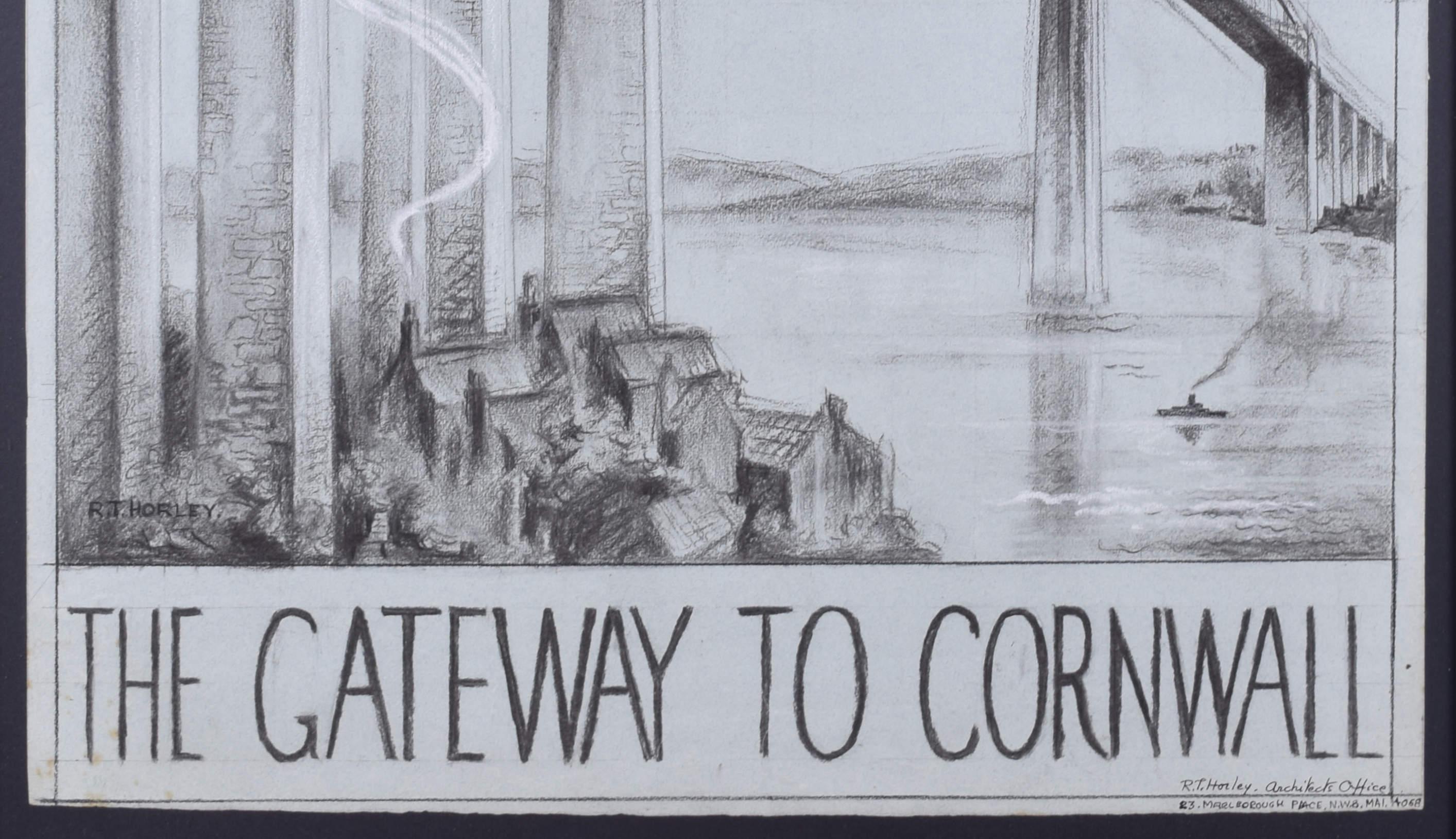 The Gateway to Cornwall GWR poster design charcoal drawing by Ronald T Horley For Sale 3