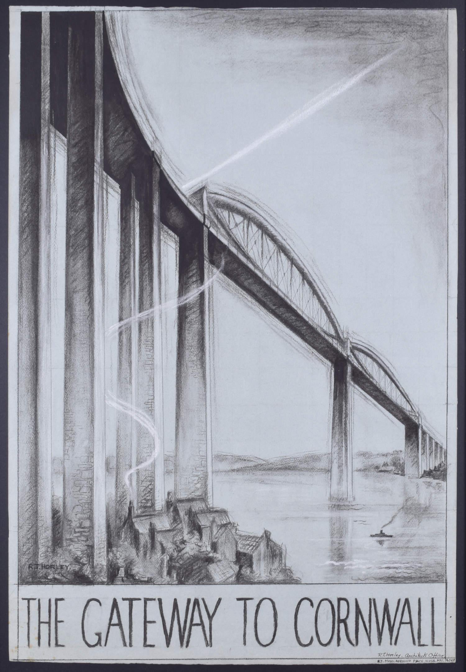 The Gateway to Cornwall GWR poster design charcoal drawing by Ronald T Horley For Sale 4