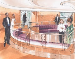 Queen Elizabeth 2 Cunard Midships Lobby gouache design by Fahye Design