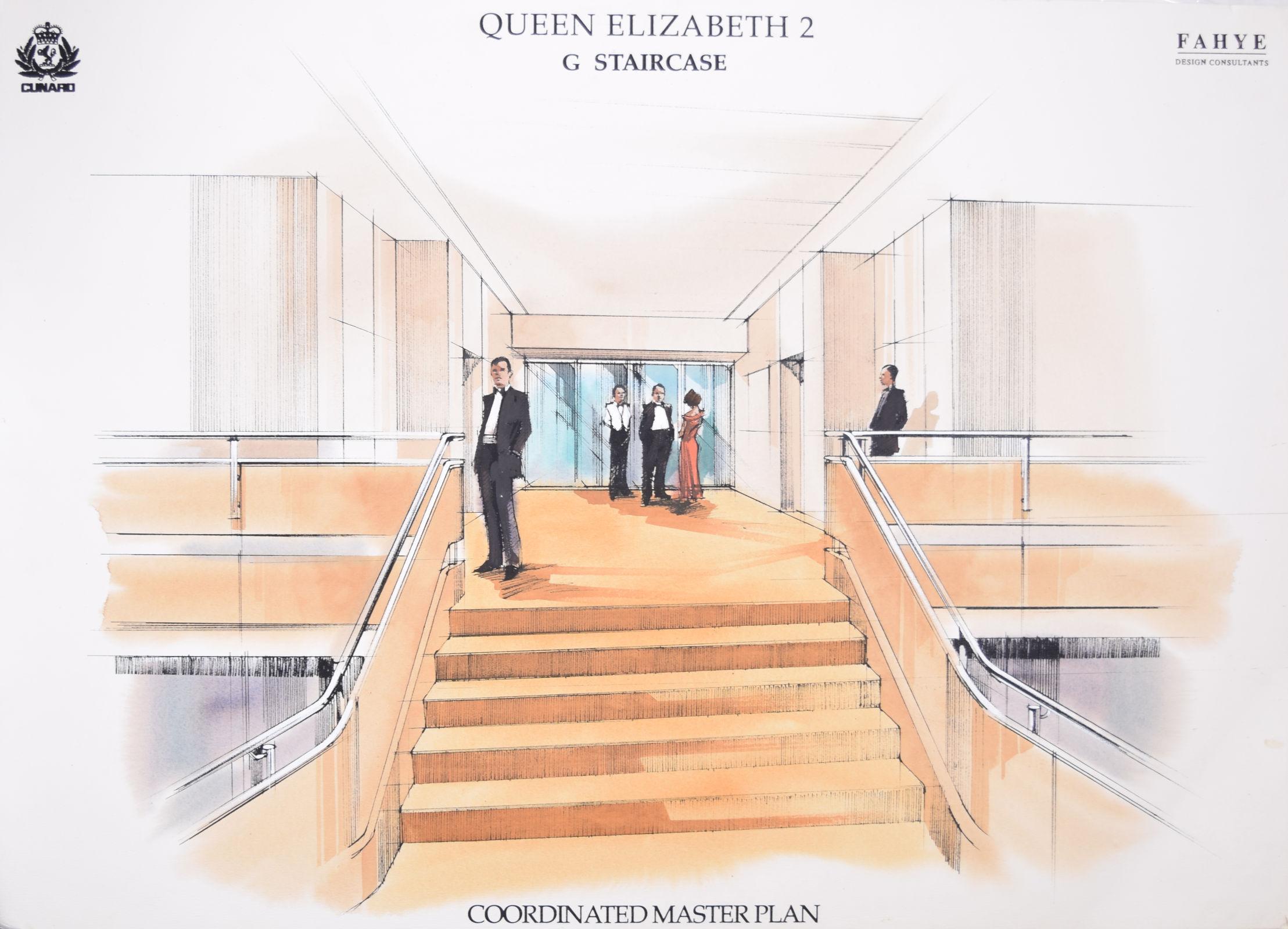 Unknown Interior Art - Queen Elizabeth 2 Cunard staircase gouache design by Fahye Design