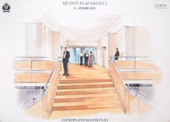 Vintage Queen Elizabeth 2 Cunard staircase gouache design by Fahye Design