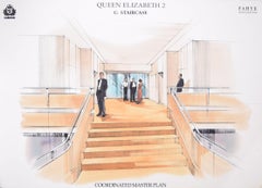 Scala della Queen Elizabeth 2 Cunard disegno a guazzo di Fahye Design