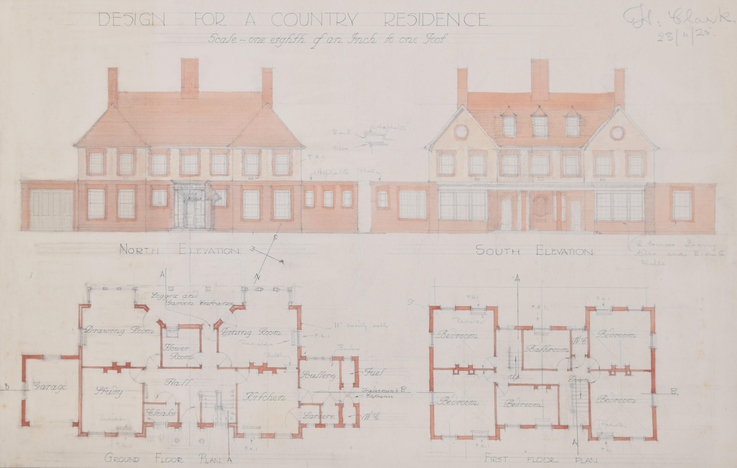 Design for a Country House drawing by H Clark - Art by Unknown