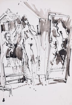 Self-Portrait in Two Mirrors with Nude ink drawing by Peter Collins ARCA