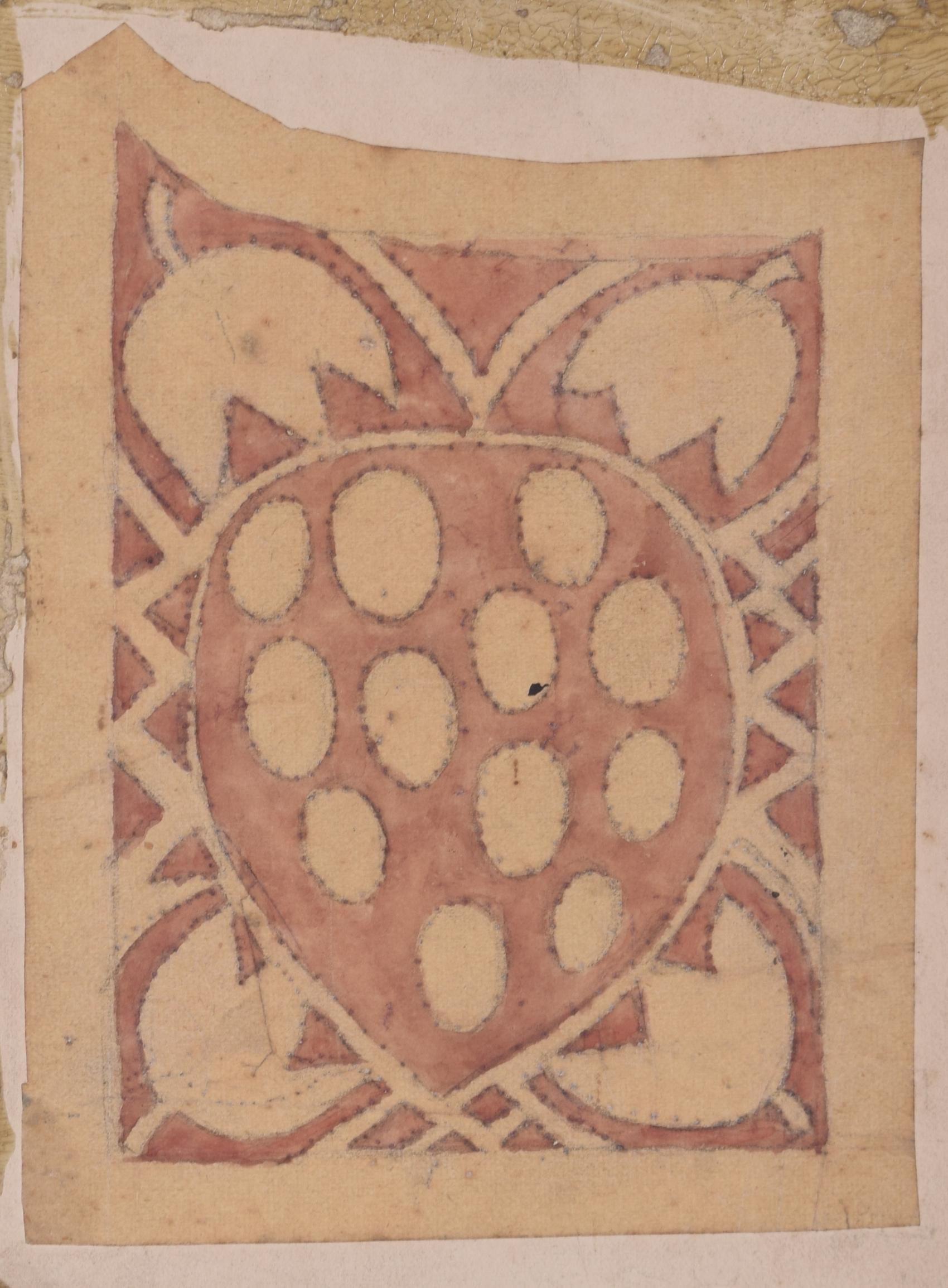 Reginald Hallward (1858-1948)
Design for a banner in the shape of a strawberry
Watercolour
14 x 10 cm

A design for a banner featuring a strawberry motif. The design, like many others by Hallward, is likely influenced by in the Arts and Crafts style
