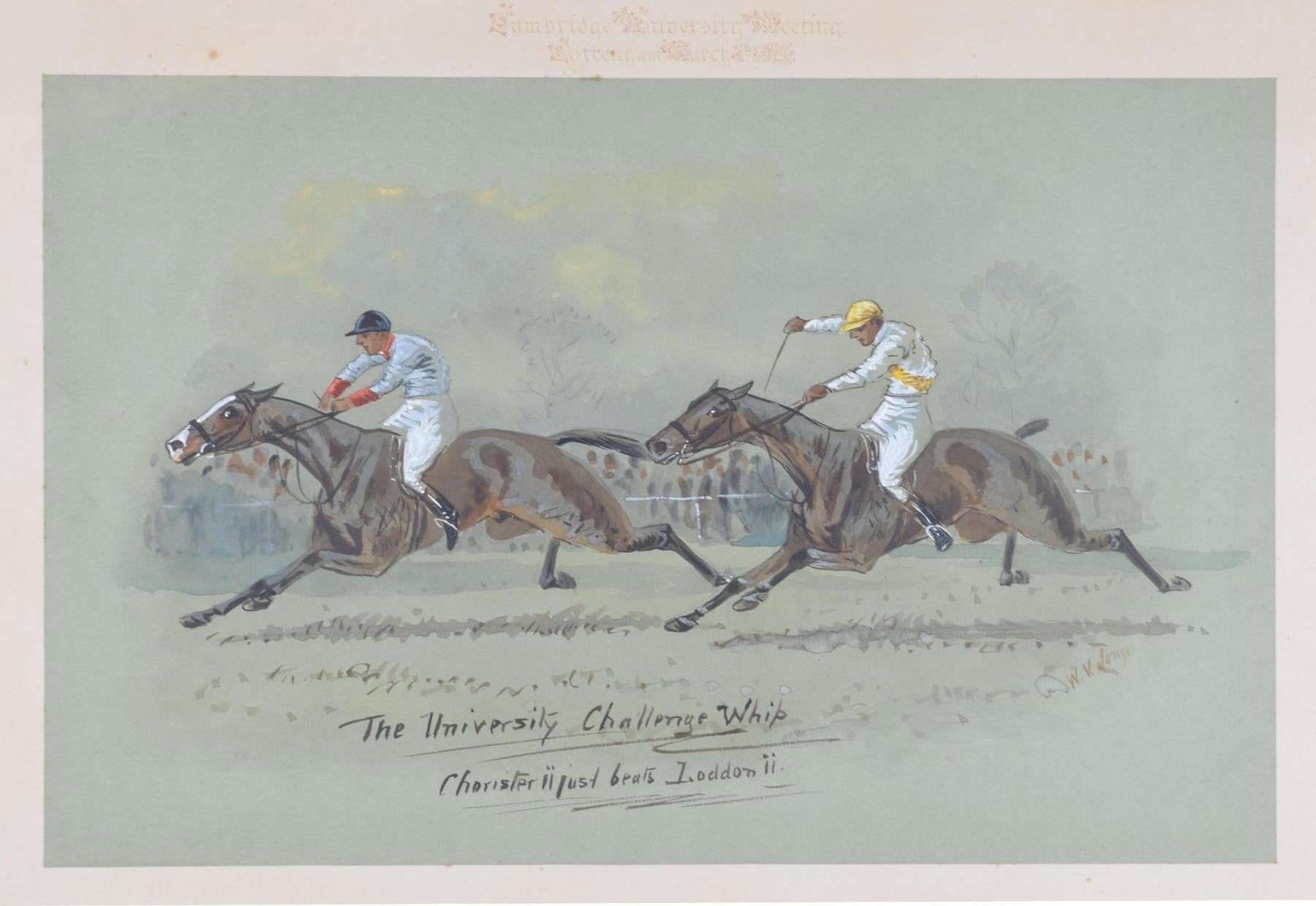 William Verner Longe (1857-1924)
The University Challenge Whip (1900)
Watercolour
29 x 45 cm

Signed and inscribed "Choristor ii just beats Loddon ii". Inscribed 'Cambridge University Meeting, Cottenham, March 1909' to mount.

A lively racing scene