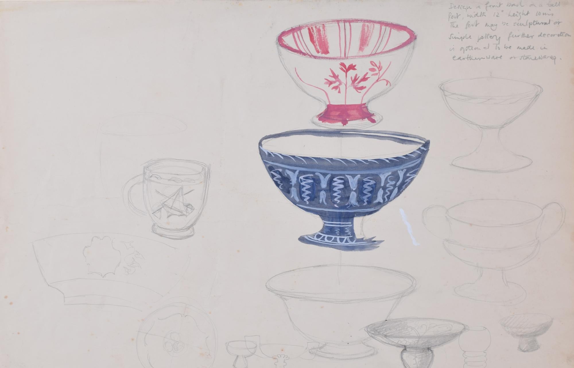 To see more, scroll down to "More from this Seller" and below it click on "See all from this Seller." 

Hilary Hennes (née Hilary Miller) (1919 - 1993)
Design for fruit bowls
Watercolour and pencil
38 x 56 cm

With notes by the artist in pencil