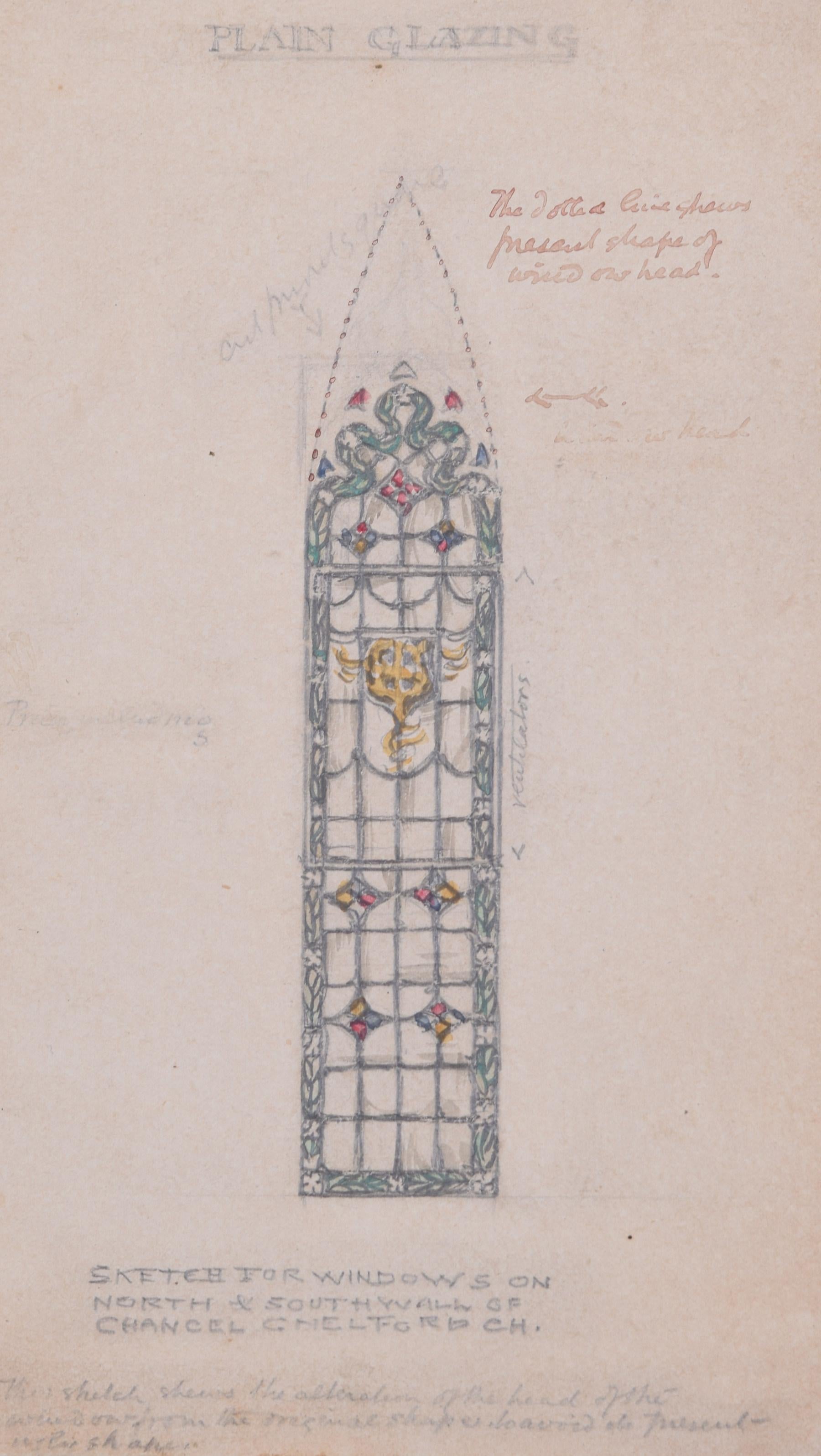 To see more, scroll down to "More from this Seller" and below it click on "See all from this Seller." 

Reginald Hallward (1858 - 1948)
Stained glass memorial design for Chelford Church
Pencil and gouache
12 x 7 cm

With pencil annotations by the