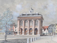 Retro The County Hall, Abingdon watercolour by Ken Messer