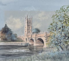 Retro Magdalen Bridge, Oxford Magdalen College watercolour by Ken Messer