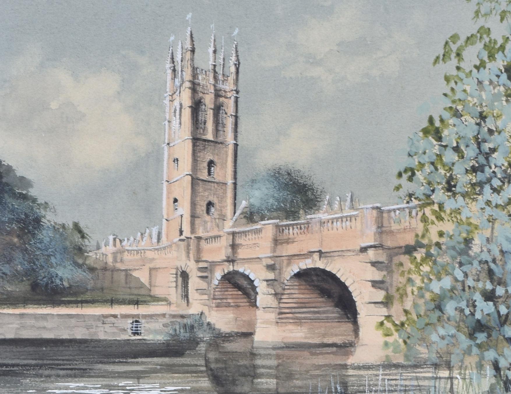 Aquarelle du Magdalen Bridge, Oxford Magdalen College par Ken Messer en vente 2