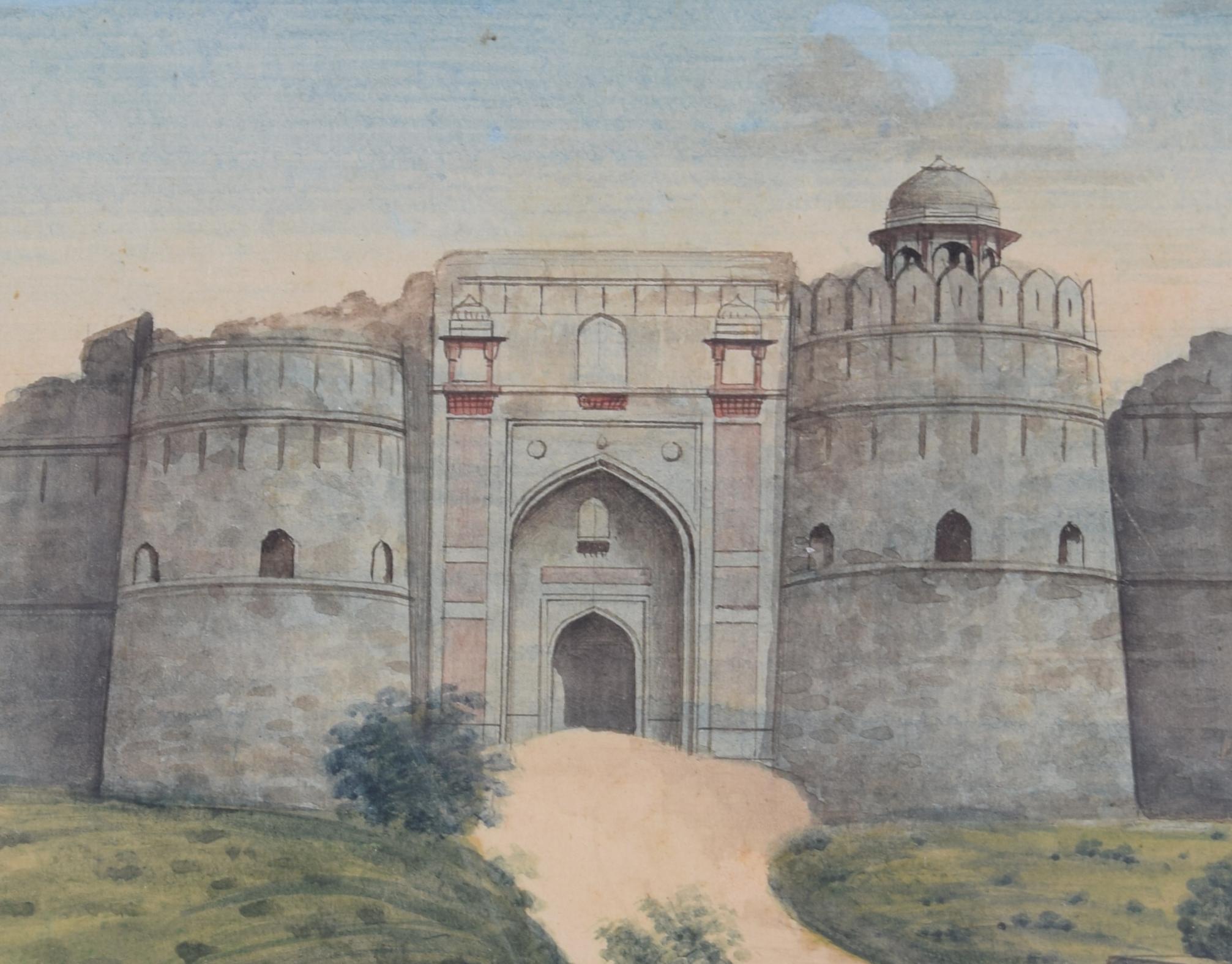 Purana Qila Fort, Delhi, Indien, Steinwandtor-Aquarell – Art von Unknown