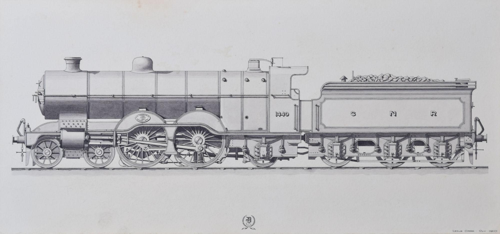 To see more, scroll down to "More from this Seller" and below it click on "See all from this Seller." 

Leslie Carr (1891 - 1969)
1440 Great Northern Railway (1910)
Pen and ink
19 x 41 cm

Signed and dated lower right.

The Great Northern Railway