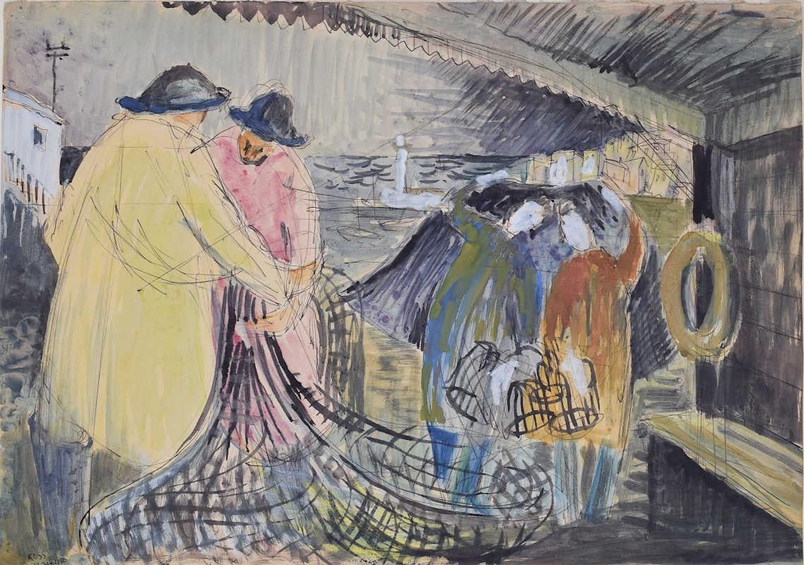We acquired a series of works from Jane Gray's studio. To find more scroll down to "More from this Seller" and below it click on "See all from this seller." 

Jane Gray (b.1931)
Fishermen at Work (1950)
Watercolour and Ink
38.5 x 54.5 cm
Signed and