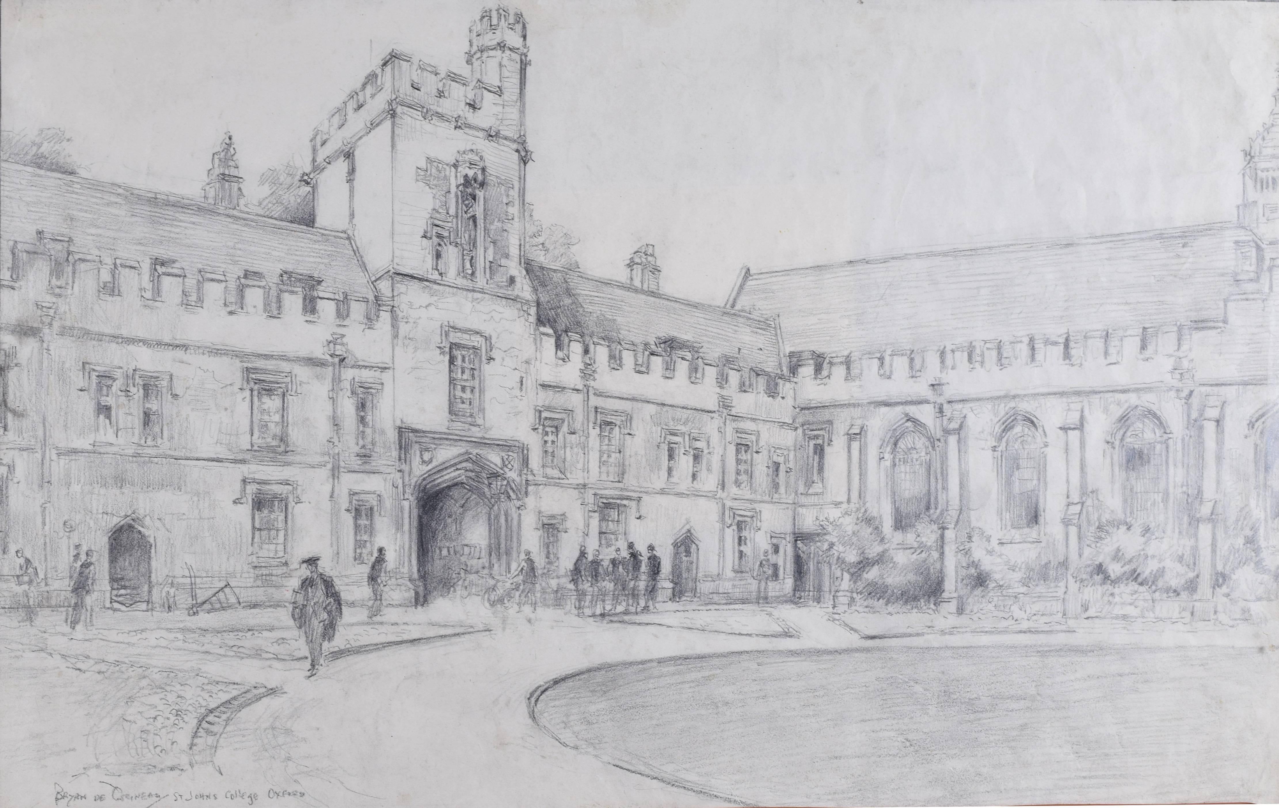 Bryan De Grineau Landscape Art – St John's College, Oxford Front Quad Zeichnung von Bryan de Grineau