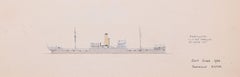Vintage SS Hesleyside SS Kymas steamer boat ink drawing by Laurence Dunn