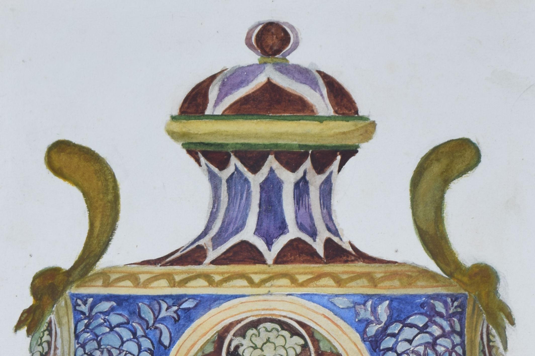 Decorative Vase 19th century gouache painting by Royal College of Art student For Sale 1