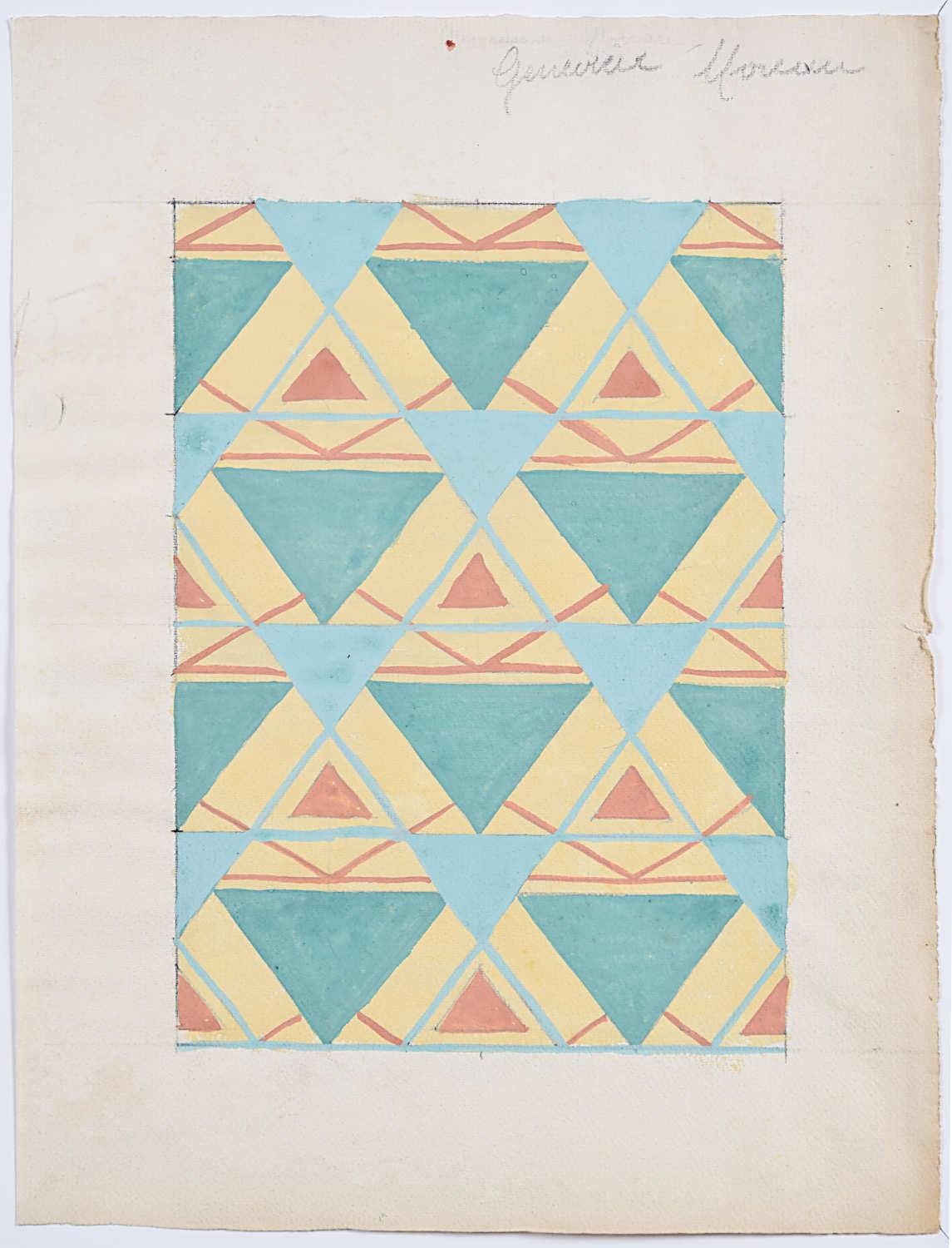 Art Deco francese del 1925, disegno su tessuto a guazzo di Genevieve Moreau Triangoli verdi in vendita 2