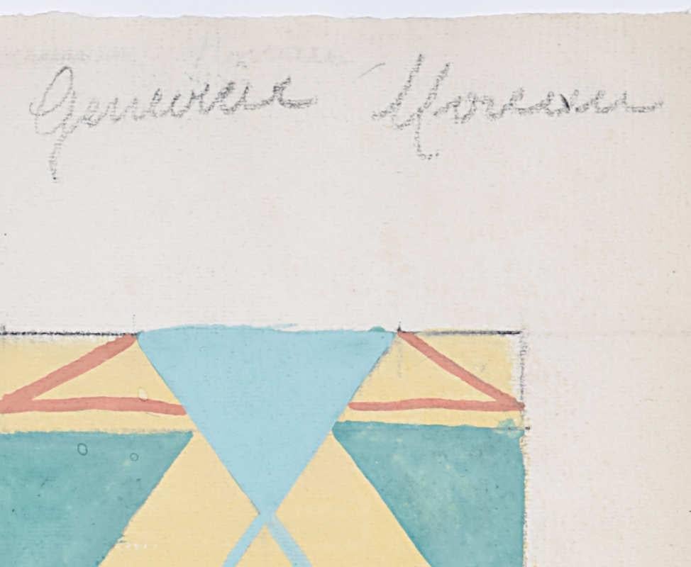 Art Deco francese del 1925, disegno su tessuto a guazzo di Genevieve Moreau Triangoli verdi in vendita 3