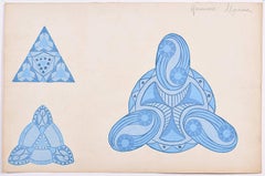 Dessin de tissu Art Déco français à la gouache Genevieve Moreau trois en bleu, vers 1925