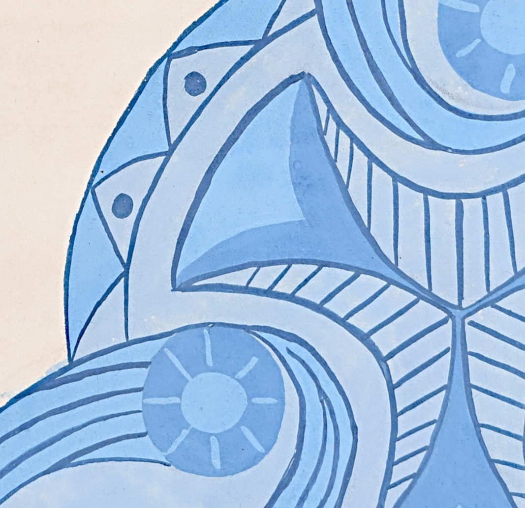 Dessin de tissu Art Déco français à la gouache Genevieve Moreau trois en bleu, vers 1925 en vente 3