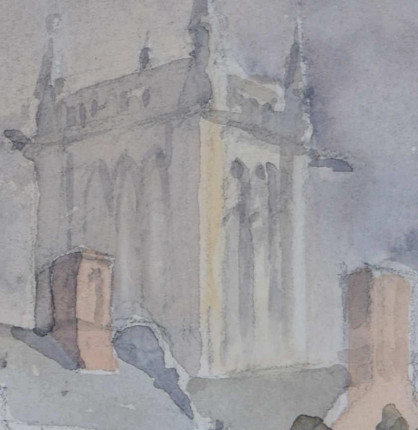 R Winton Aldridge, St. Johns College di Cambridge, pittura ad acquerello - Landscape Art Grigio di Rowland de Winton Aldridge