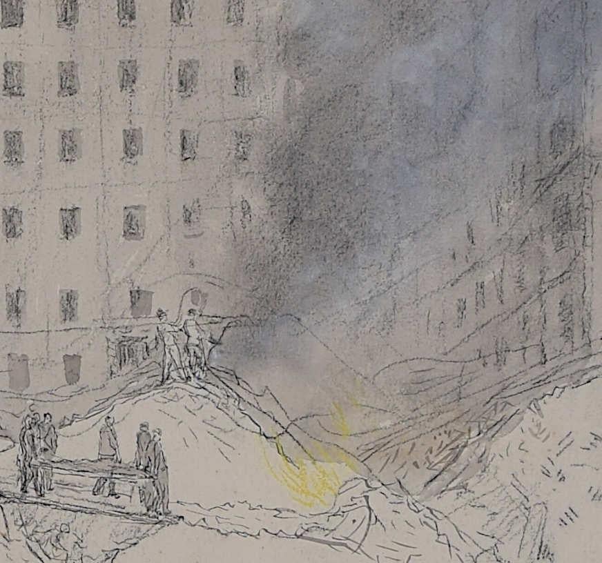 Blitz Site with St Paul's Cathedral, drawing by Hubert Finney For Sale 1