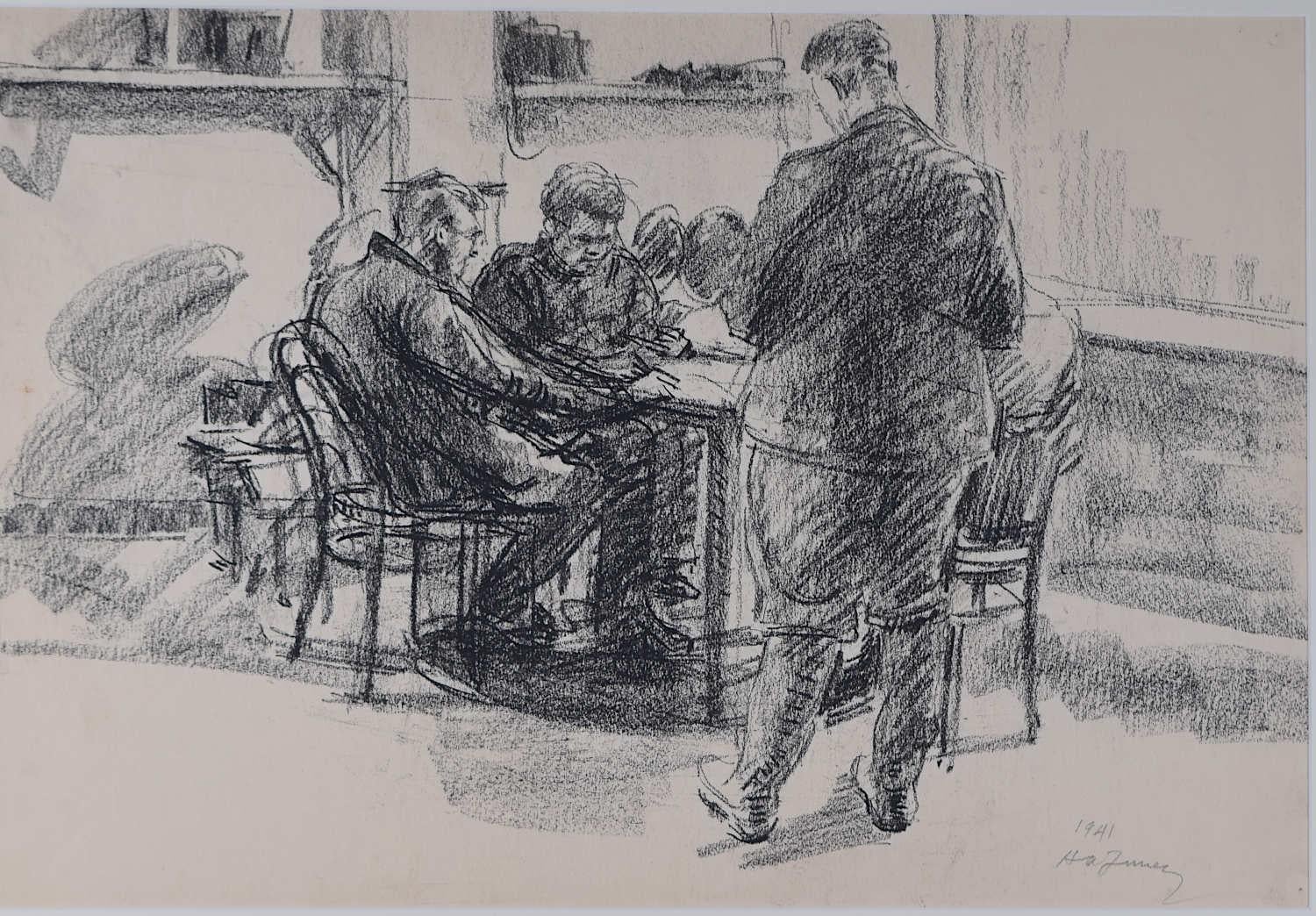 Soldados esperando, dibujo al carboncillo de Hubert Finney