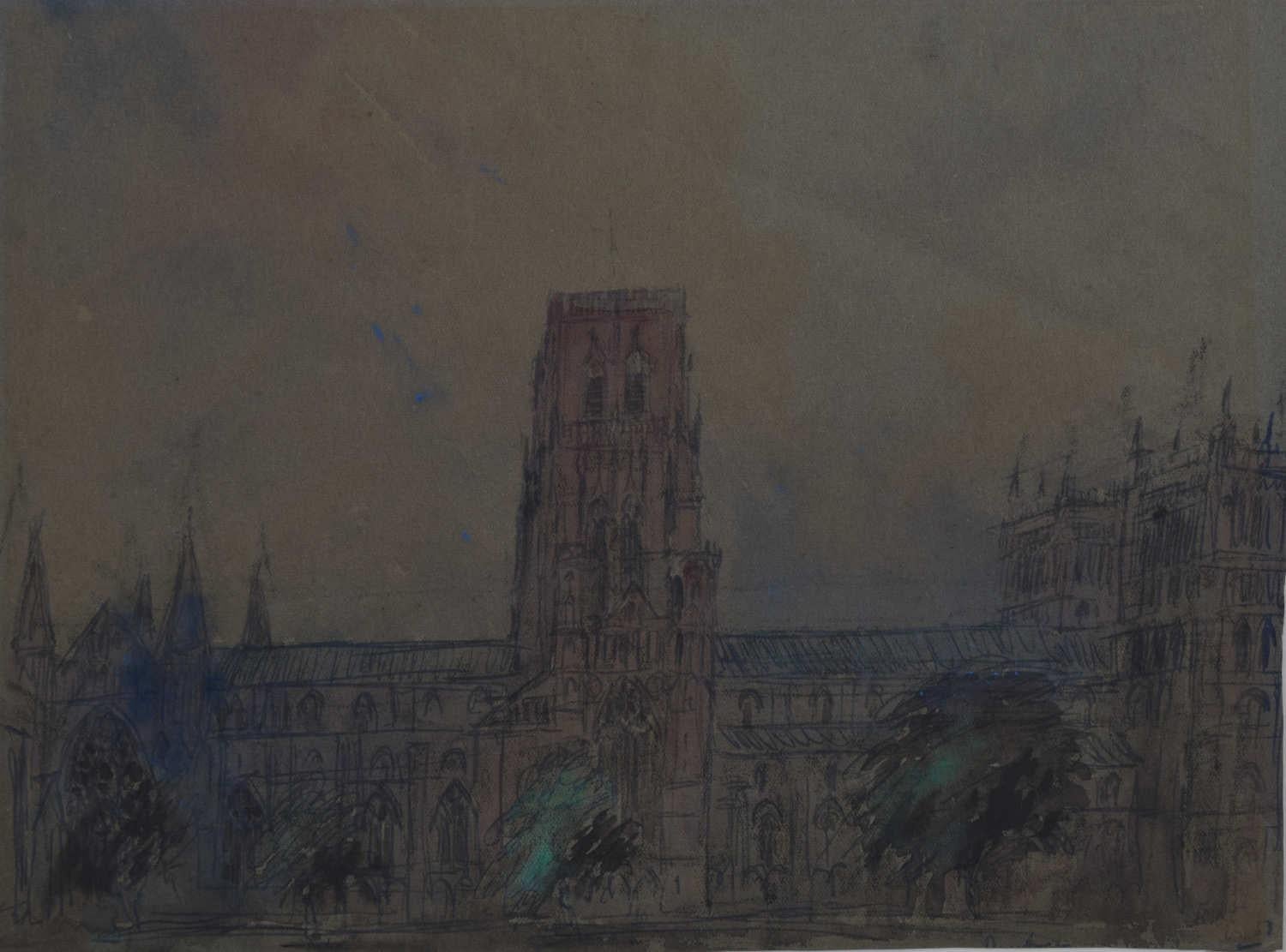 Durham Cathedral, view from Palace Green, watercolour by Sir Albert Richardson