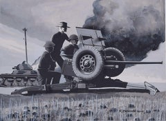 Quadro della Seconda Guerra Mondiale, cannone anticarro in azione