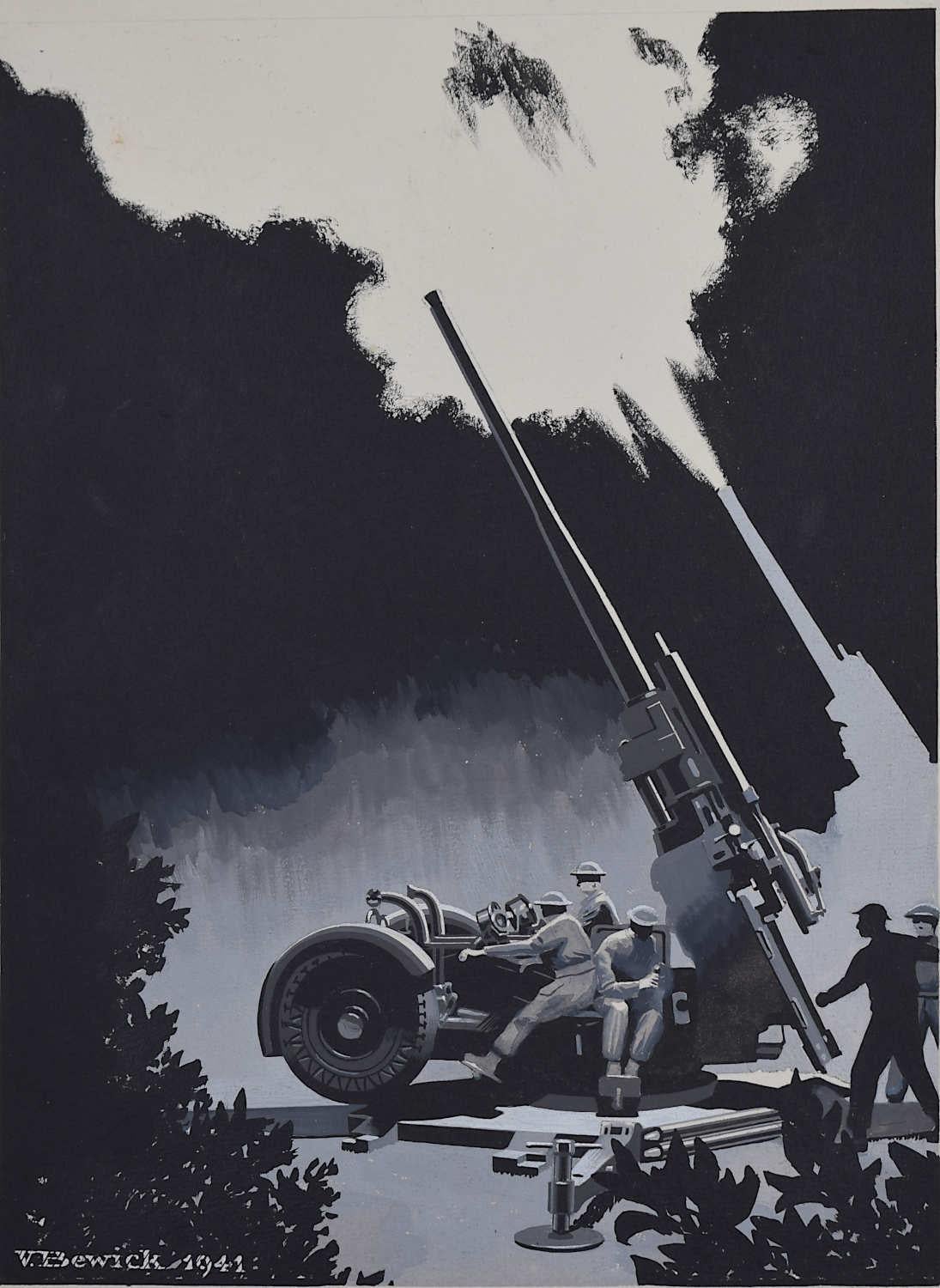 Vivian Bewick Landscape Art - Second World War painting, Anti-Aircraft Battery