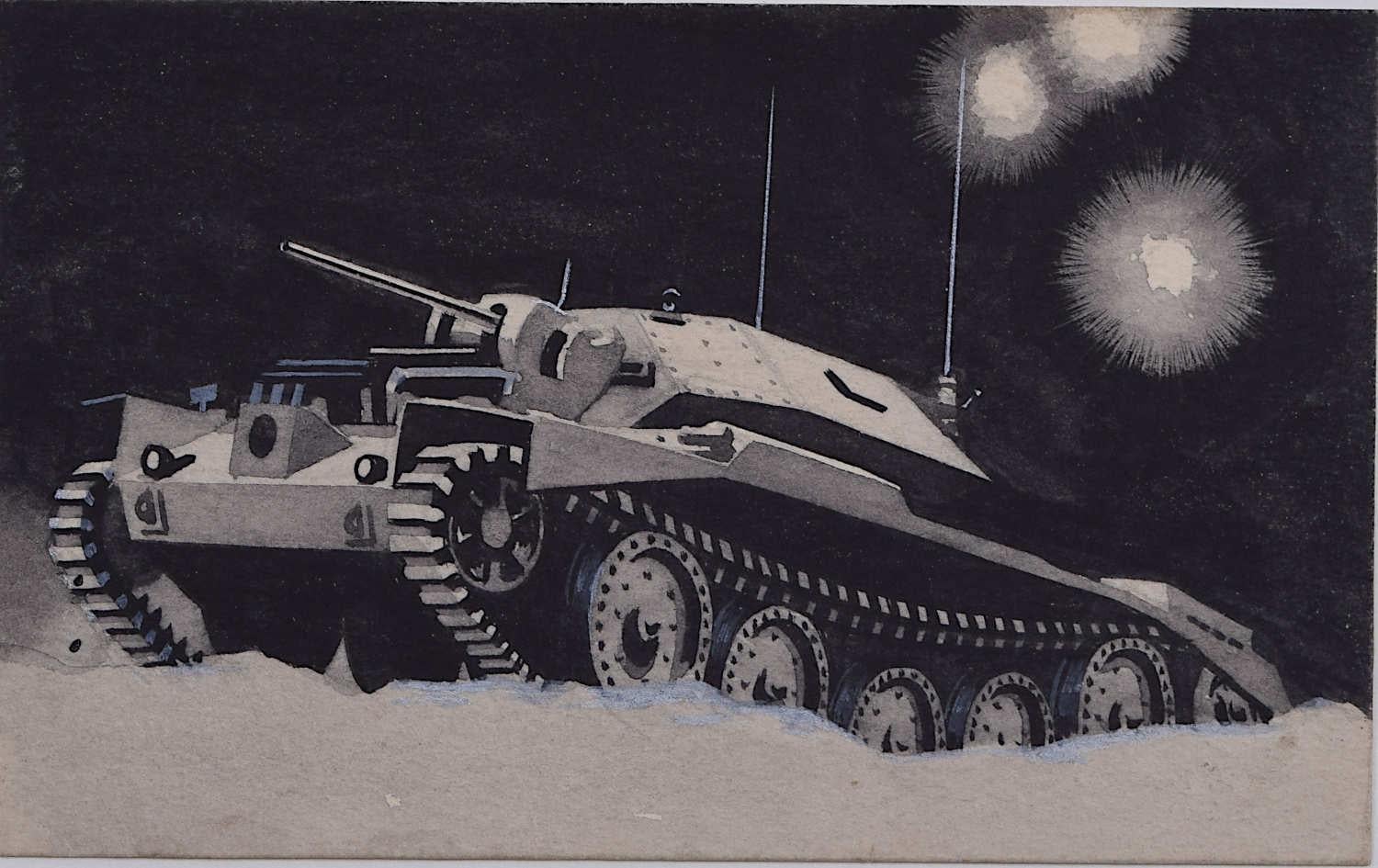 Landscape Art Vivian Bewick - Peinture de Swillbin de la Seconde Guerre mondiale, Tank britannique Valentine