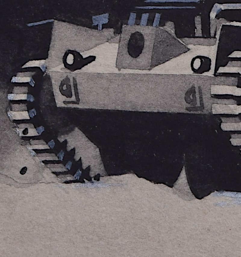 Peinture de Swillbin de la Seconde Guerre mondiale, Tank britannique Valentine - Noir Landscape Art par Vivian Bewick