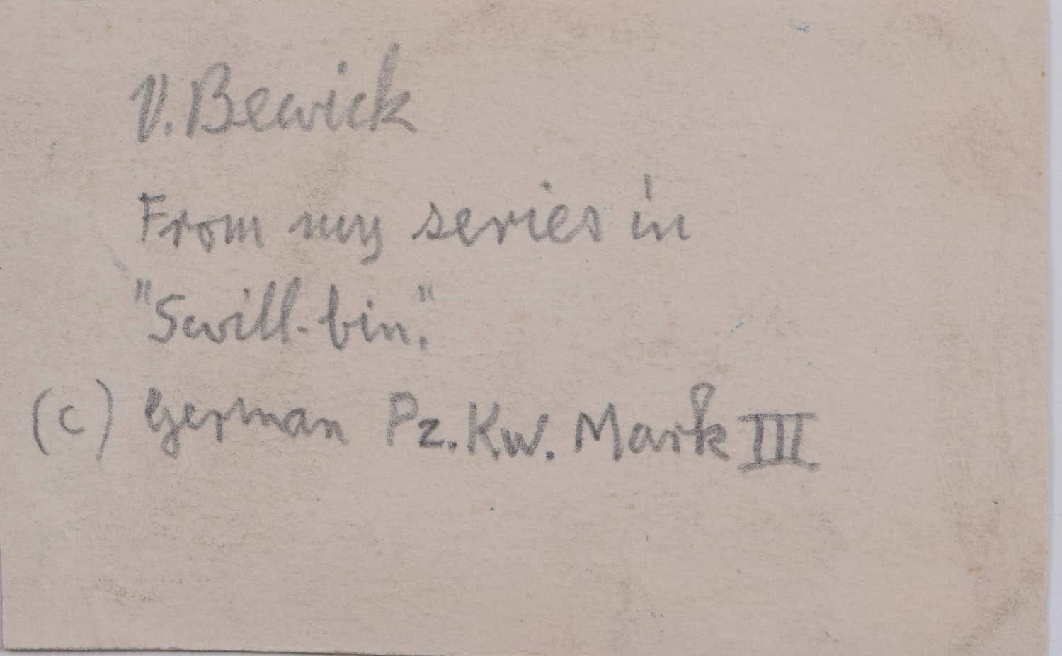 Vivan Bewick 
German Pz.Kw.Mark III
Gouache 
6 x 9 cm  
Signed to the reverse. 

This striking miniature gouache depicts a German Panzerkampfwagen III, commonly known as the Panzer III, rolling through a desert landscape. Bewick produced this