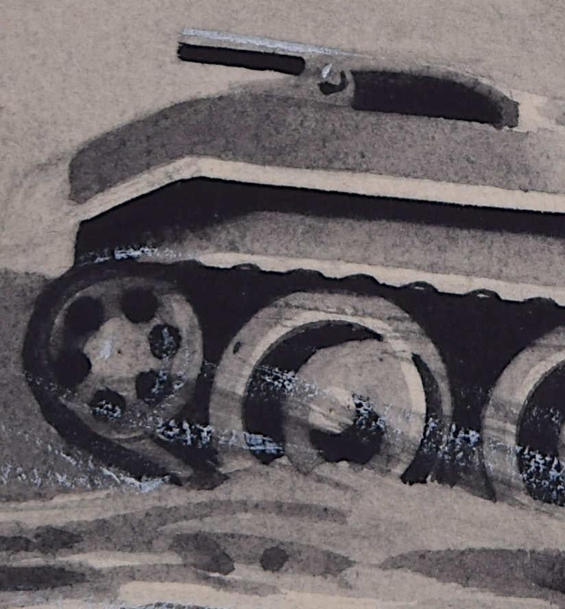 Vivan Bewick 
Sowjetische T-34/76
Gouache 
6 x 9 cm  
Auf der Rückseite signiert. 

Diese eindrucksvolle Miniatur-Gouache zeigt einen sowjetischen T-34/76, der durch eine bergige Schneelandschaft fährt. Der T-34/76 hatte einen wirklich nachhaltigen