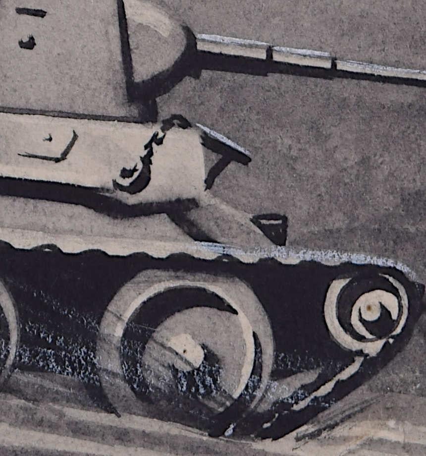 Swillbin-Gemälde aus dem Zweiten Weltkrieg, Sowjetische T-34/76 (Grau), Landscape Art, von Vivian Bewick