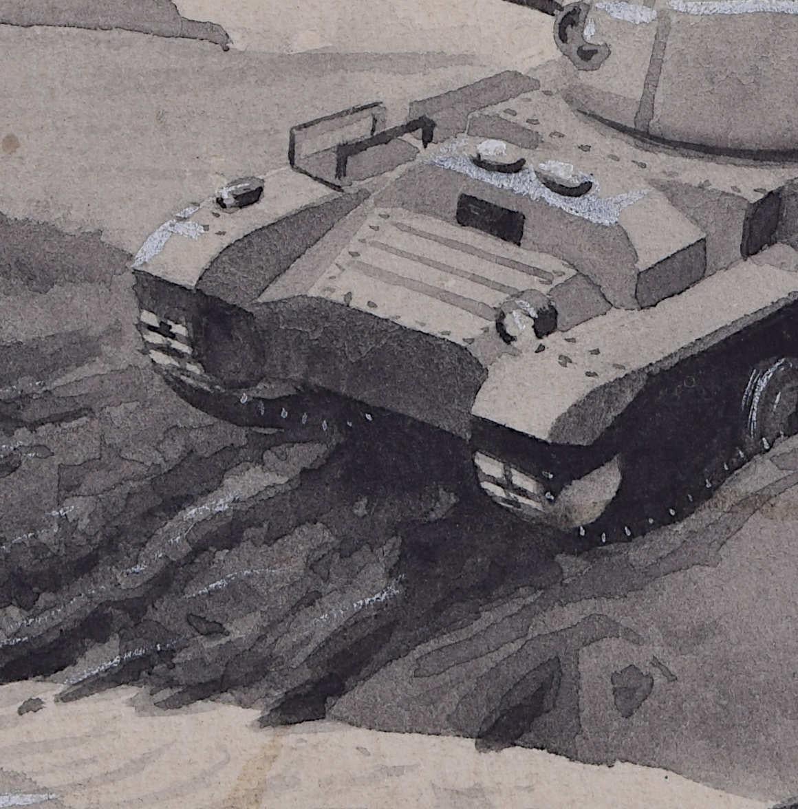 Second World War Swillbin painting, British Valentine Tank II - Gray Landscape Art by Vivian Bewick