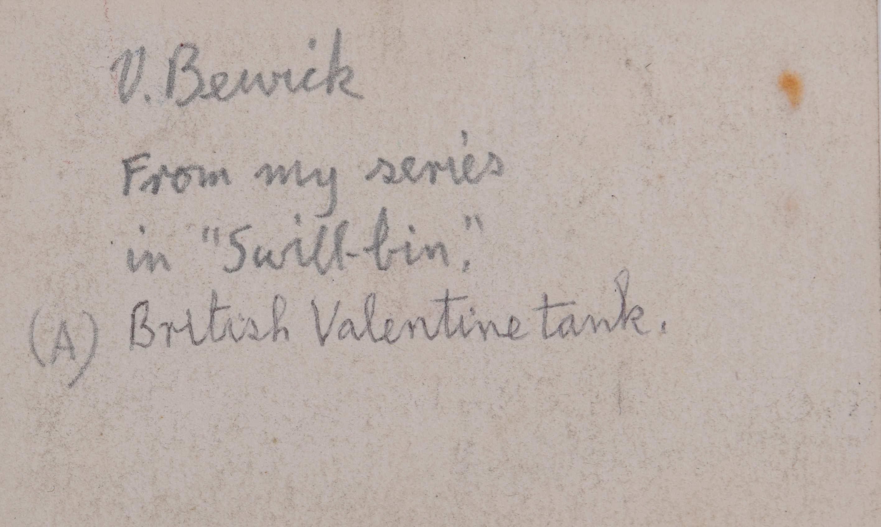 Vivan Bewick 
British Valentine Tank 
Gouache 
6 x 9 cm  
Signed to the reverse. 

This striking miniature gouache depicts a British Valentine tank rolling through the desolate no man's land with two other tanks rolling in the background. Bewick