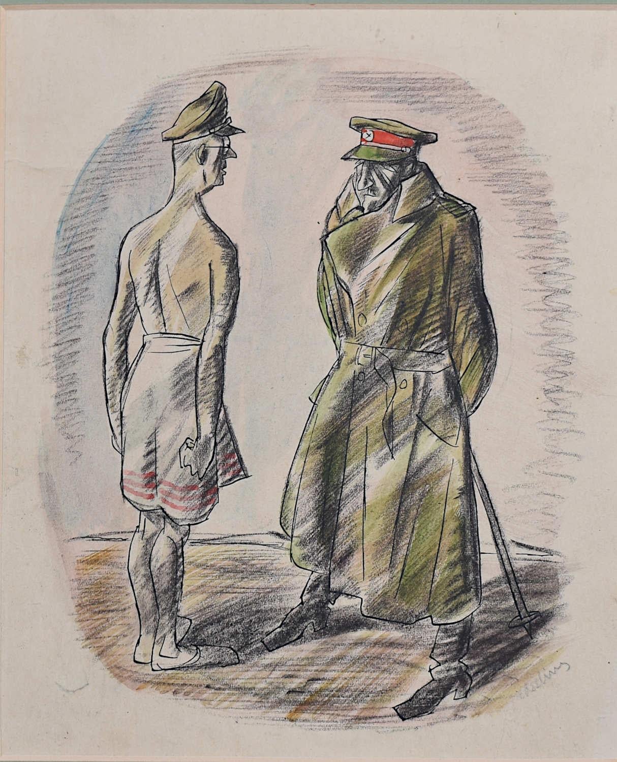 Cecil Keeling
La voix de l'autorité 
Plume, encre et lavis
22 x 18 cm
Signé en bas à droite

Cette œuvre poignante représente un soldat britannique, déshabillé, inspecté par un officier. Le contraste entre les deux hommes, l'un enveloppé dans un