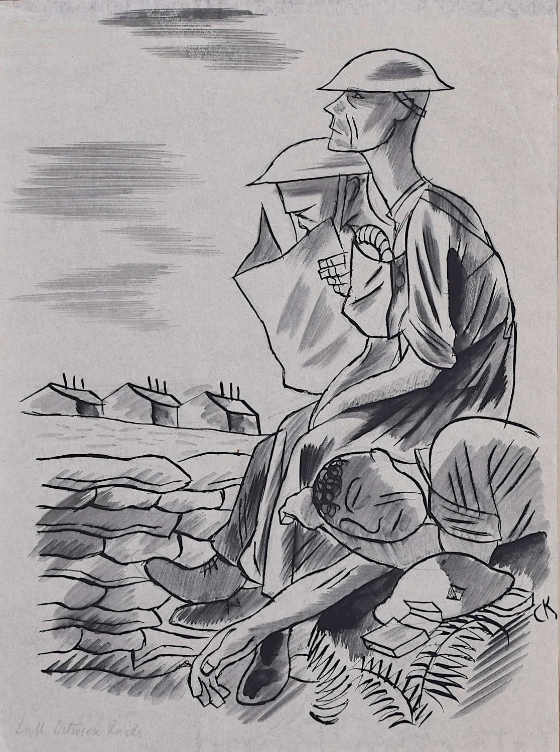 Cecil Keeling
Prisoner of War Camp
Pen, ink and wash
22 x 16 cm
Initialled lower right

This poignant work depicts a quiet moment between raids. Three soldiers sit in a row at ease. One is reading the paper, perhaps searching for news from home, one