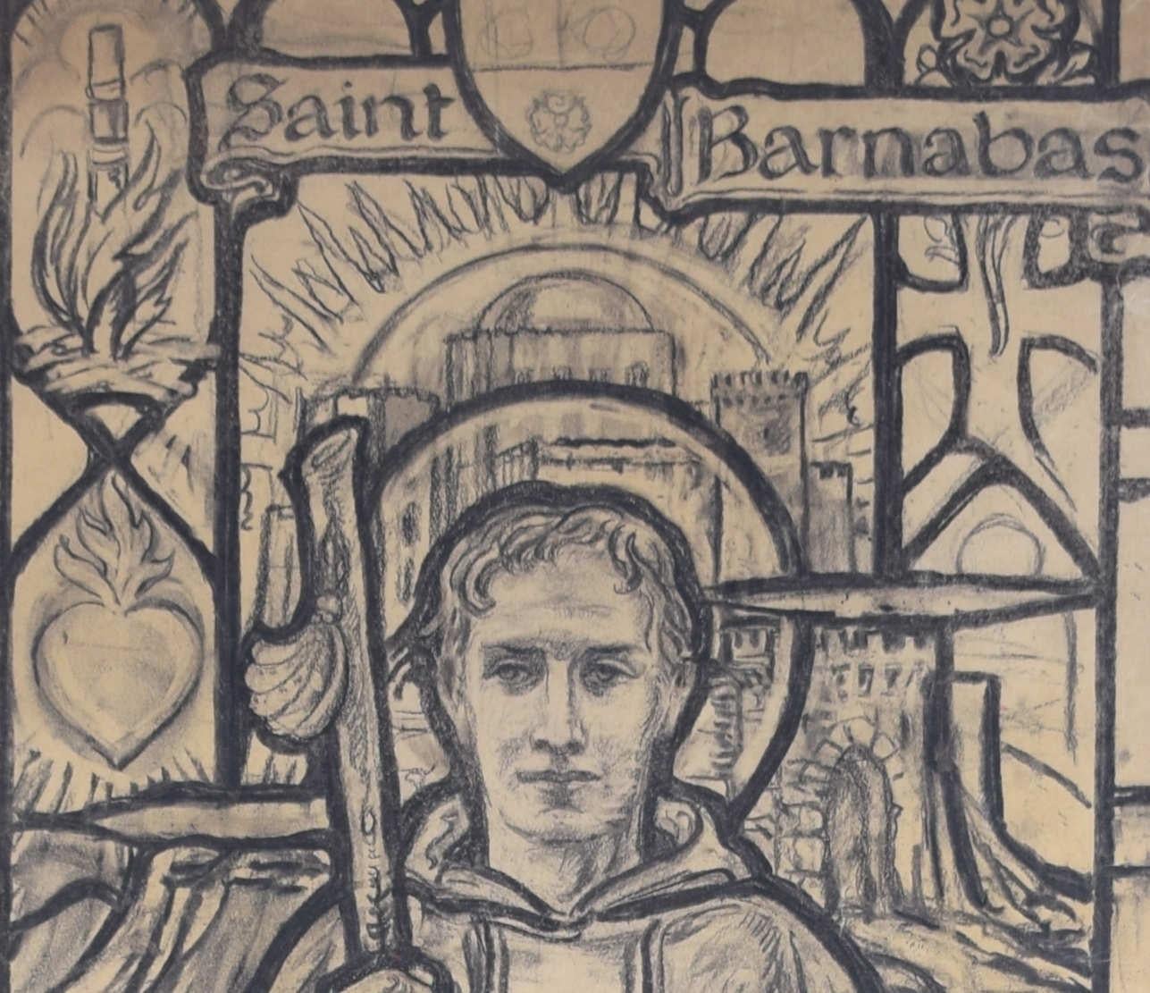 A E Lemmon 
St Barnabus
Cartoon for stained glass window 
111 x 33 cm 

Albert Edward Lemmon (1889-1963) was a British artist and craftsman renowned for his contributions to stained glass and ecclesiastical art in the Midlands. Between 1903 and