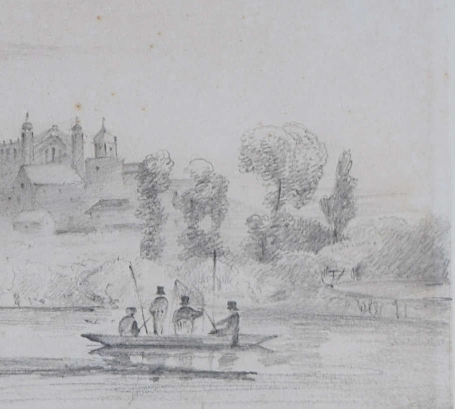 Windsor Castle and Eton College with Punting Scholars, 19th Century drawing - Realist Art by S.R.E