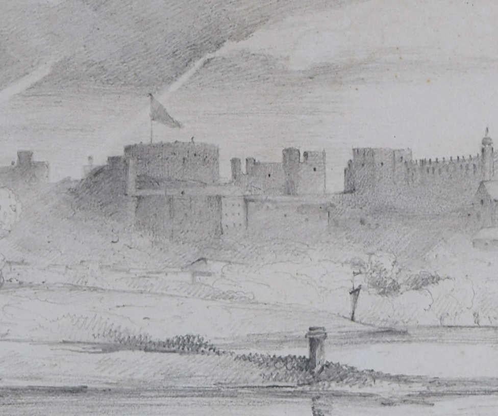 Windsor Castle and Eton College with Punting Scholars, 19th Century drawing - Art by S.R.E