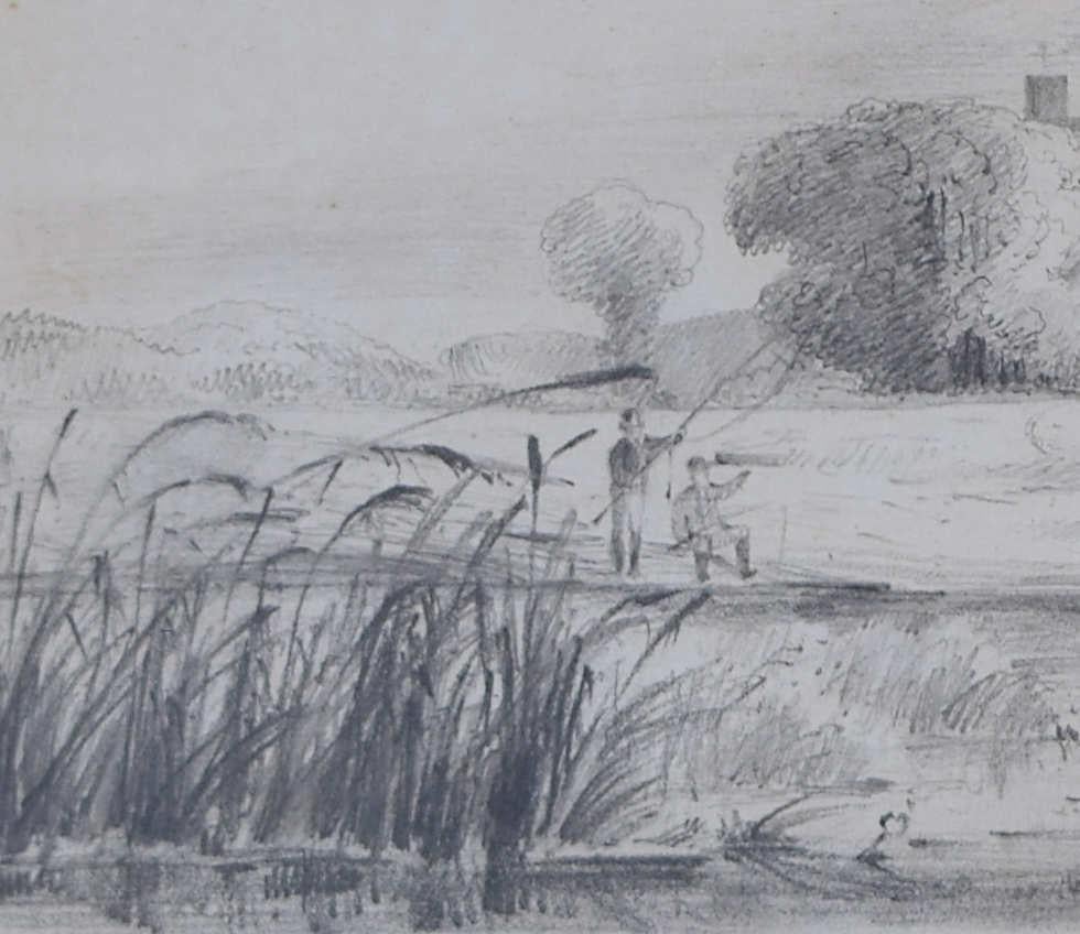 Windsor Castle and Eton College with Punting Scholars, 19th Century drawing - Gray Figurative Art by S.R.E