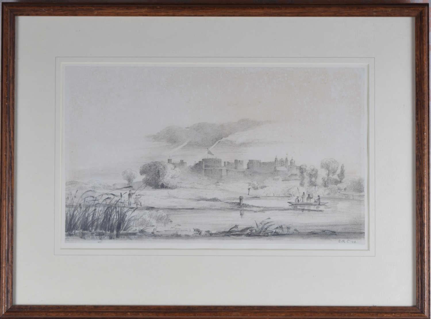 S.R.E
Windsor Castle and Eton College with a Punt of Scholars Beforehand 
Pencil drawing
25 x 42 cm 
Signed and dated to the bottom right. 

Nineteenth-century pencil drawing of Windsor Castle and Eton College. Fine details including a punt of